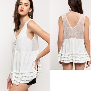 POL Tiered Ruffle Lace Up Sleeveless Top Boho Babydoll Western Festival NEW